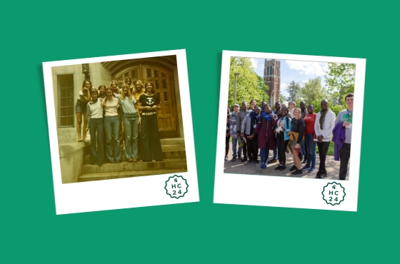 two polaroid photos of groups of people that met at msu in 1976 at the time and recent