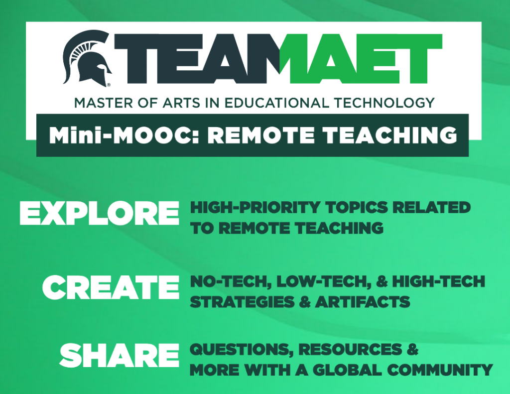 Alt text: Explore high-priority topics related to remote teaching. Create no-tech, low-tech, and high-tech strategies and artifacts. Share questions, resources, and more with a global community. Free to all educators!