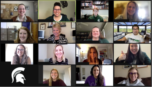Screen capture of a Zoom video conference featuring different faces of MAET program staff, students, and alumni