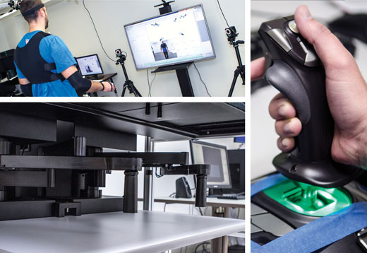 Technology such as joysticks, the KINARM programmable robot (pictured here) and a motion analysis system using cameras and reflective markers (above) helps researchers measure and capture information about human movements.