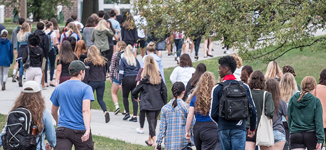 Students walk around campus at MSU. 