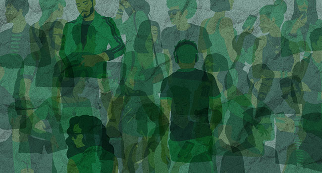Graphically designed image of people standing, with a green overlay.