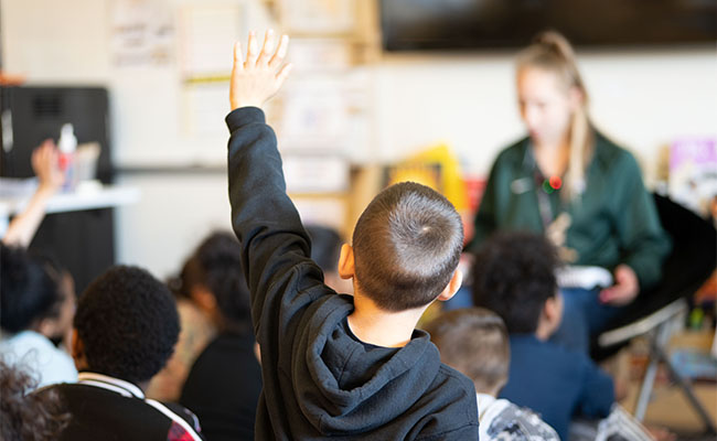 An eager student excitedly raises their hand during a class lesson.