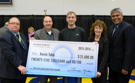 (L to R) Michigan Superintendent Brian J. Whiston; State Senator Curtis Hertel; Kevin Tobe; Jane Foley, senior vice president, Milken Educator Awards and State Representative Sam Singh. 