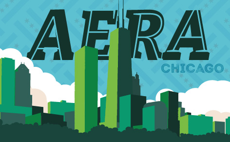 Green and blue graphical depiction of the Chicago skyline, with the letters 'AERA' in bold in the center in MSU green