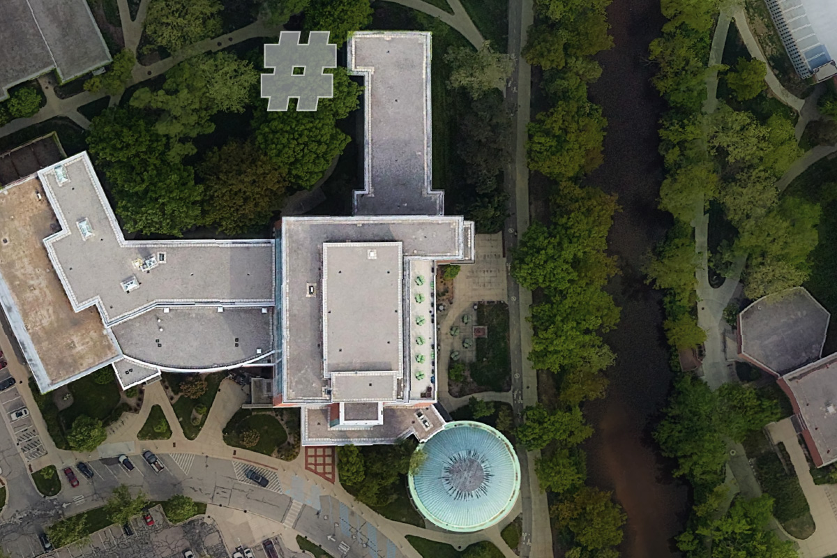 Aerial shot of Erickson Hall, with a #1 around the area of the building shaped like the numerical one