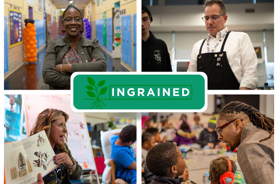 Headshots of Spartans represented in Ingrained series featured, including one Spartan smiling in a school hallway, another leading an art class, another reading a book aloud and another working one-on-one with a student