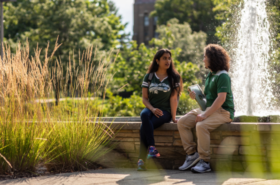 Two Spartans sit and discuss near a fountain on the campus of MSU