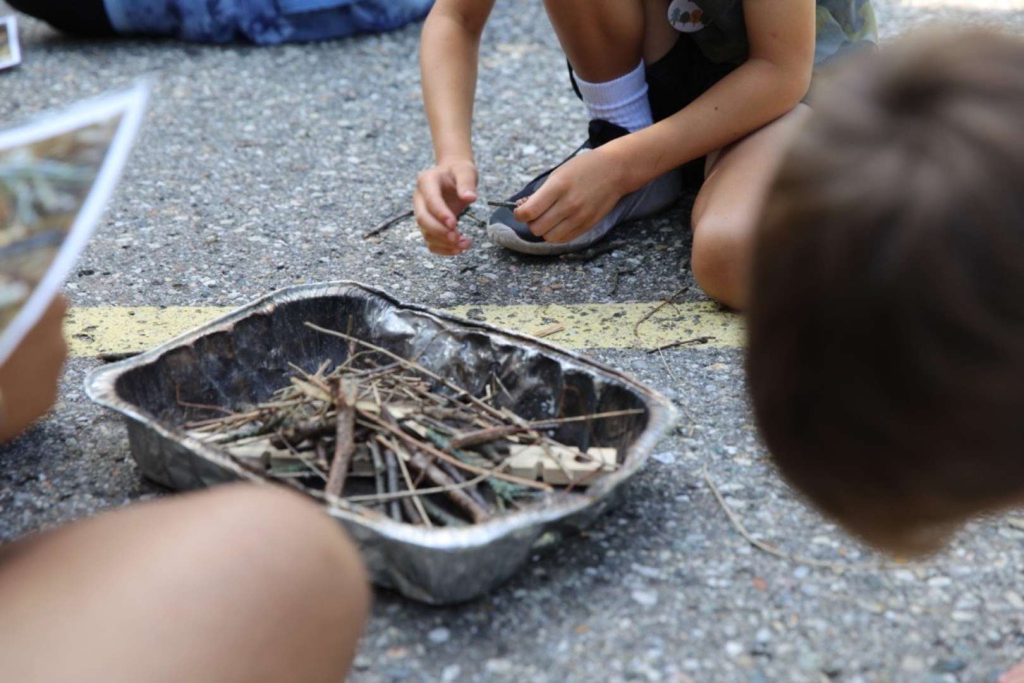 A silver basket full of twigs with young children crouched down surrounding the basket.