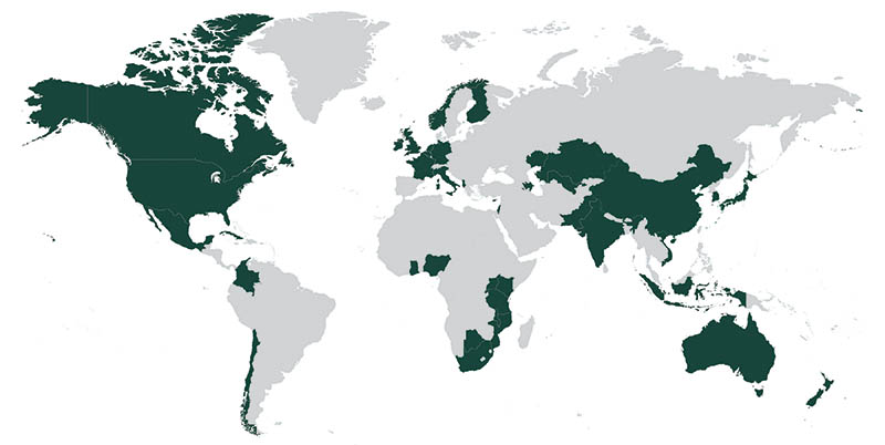 World map in green and grey. Highlighted countries in green.

Graduate Study Abroad:
Botswana, China, Cuba, Cyprus, France, Indonesia, Japan, Mexico, Netherlands, South Africa, United Kingdom, Vietnam, 

Undergraduate Study Abroad:
Australia, China, Ghana, Ireland, Japan, Netherlands, New Zealand, South Africa, Tanzania, 

Faculty Research:
Albania, Australia, Azerbaijan, Botswana, Canada, Chile, China, Colombia, Finland, Germany, India, Indonesia, Israel, Italy, Japan, Kazakhstan, Kenya, Korea, Malawi, Mexico, , Nigeria, Norway, Rwanda, South Korea, Tanzania, Uganda, Uzbekistan,

Outreach: 
Belgium, China, Ghana, India, Israel, Indonesia, Japan, Kazakhstan, Kenya, Malawi, 	Mozambique, Pakistan, Tanzania, Uzbekistan