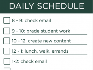 This is an image of a daily schedule. In one hour increments from 8am - 2pm, it lists: check email, create new content, lunch/walk/errands, and check email. Two hours are dedicated to creating new content.