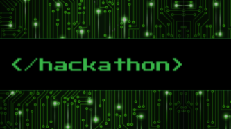 Green computer text on black background with green circuitry. Text reads "hackathon"