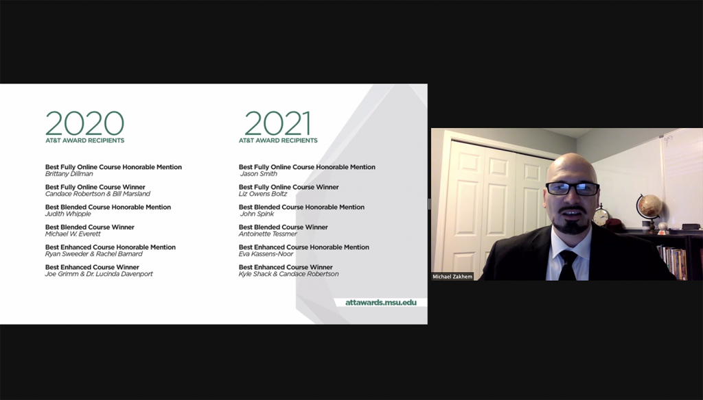 Screen capture of a Zoom session featuring text on the left and an image of a man in a suit on the right, who is speaking. Text lists all of the recipients of the AT&T Awards from 2020 and 2021. 