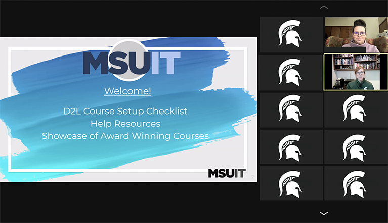 Screen shot of Google Slide: MSU IT - D2L course Setup Checklist, Help Resources, Showcase of Award Winning Courses. Images of two smiling women on the right side (Candace Robertson and Liz Boltz)