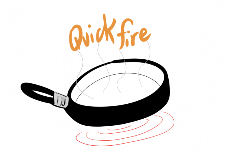 Drawing of a frying pan with heat coming out of it. Text reads "quickfire"