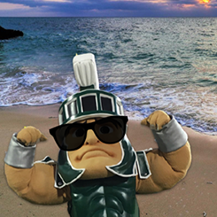 A postcard showing the MSU Sparty mascot in sunglasses on a beach.