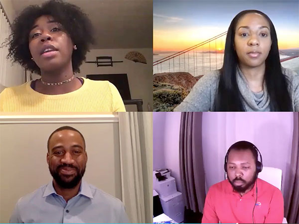 Screenshot from virtual panel discussion about racial inequity. Included in photo: Student Alexandria Thomas, Ariel Graham (M.A. ’19), Pierre Louise and Shawn Capell.