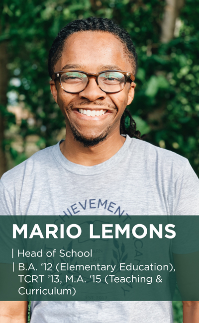 Mario Lemons headshot. He is head of school at DAA, as well as a B.A. '12 (Elementary Education), TCRT '13 and M.A. '15 (Teaching & Curriculum)