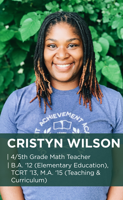 Cristyn Wilson headshot. She's a 4/5th grade math teacher and a B.A. '12 (Elementary Education), TCRT '13 and M.A. '15 (Teaching & Curriculum)