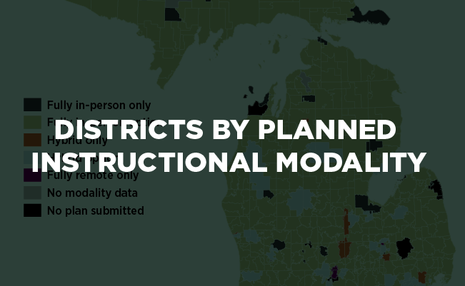 Graphic of map with embedded text: districts by planned instructional modality.