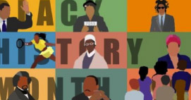 Graphic with words "Black History Month" and various silhouettes of individuals from history, such as Martin Luther King Jr., Frederick Douglass, etc.