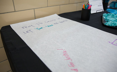 An example of a community writing space for the "I March, I Stand" exhibit in IM Circle.