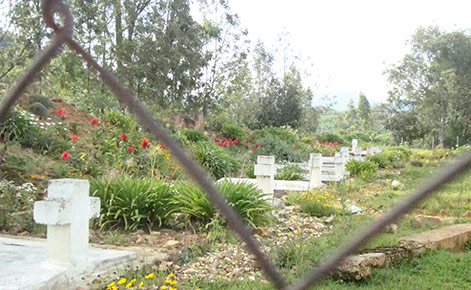 The Nyange Memorial site is outdoors. Several grave sites can be seen in the shot through a chain-link fence. Flowers and trees surround, with bricks and other building structure elements lying nearby. 