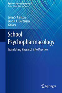 School Psychopharmacology book cover. Mostly blue, with a subtle wavy design behind. Letters in white indicate title, editors names. 