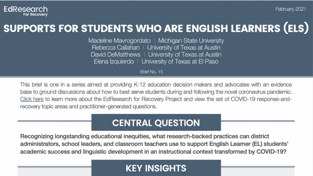 Image is the beginning of the research brief, framing the central question—"Recognizing longstanding educational inequities, what research-backed practices can district administrators, school leaders and classroom teachers use to support EL students' academic success and linguistic development in an instructional context transformed by COVID-19?"