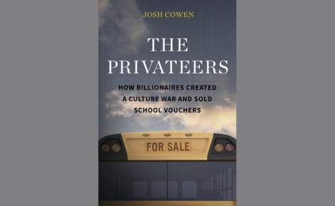 Book cover design for 'The Privateers' by Josh Cowen. The cover features a dark, moody background with an image of a school bus displaying a 'For Sale' sign, and the title in bold white and orange letters.