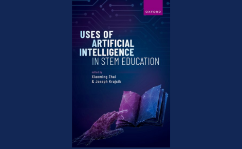 Cover of the book "Uses of Artifical Intelligence in STEM Education." The book cover is blue and letttering his white.