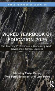 World Yearbook of Education 2025 cover. The cover is predominantly black and white in a marbled pattern. All text is in white.