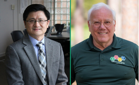 Two men side by side: on the left,  man wearing glasses, a gray suit, blue shirt, and a plaid tie, smiling in an office setting; on the right, an older man with white hair and glasses, wearing a green polo shirt with a STEM logo, smiling outdoors.