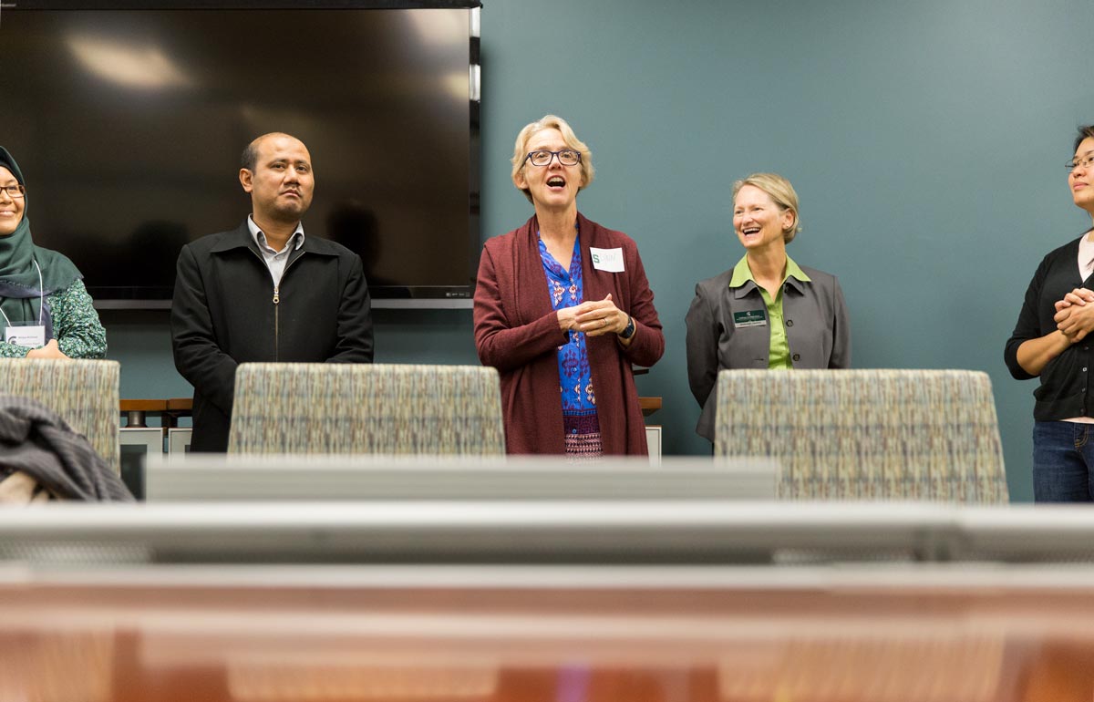 Assistant Dean Lynn Paine addressing Indonesian visitors