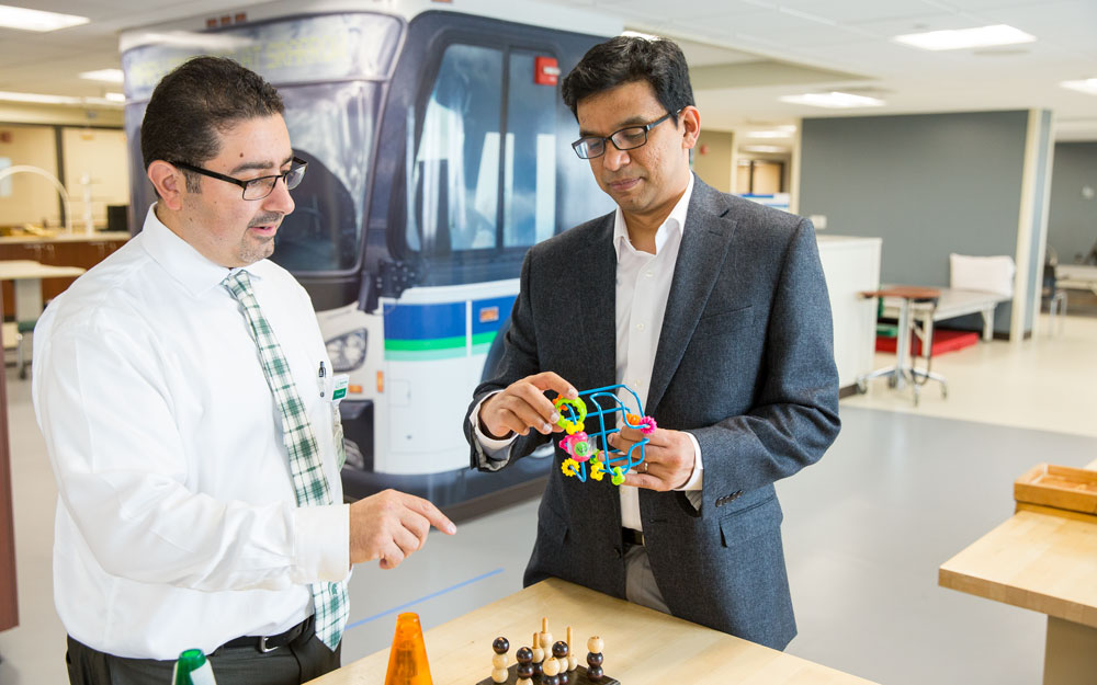 Rajiv Ranganathan (right), assistant professor in the Department of Kinesiology, and Rani Gebara (left), assistant professor in the MSU College of Osteopathic Medicine