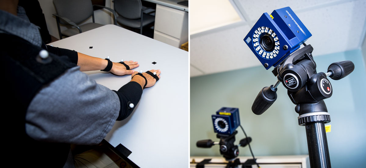 Research subject fitted with sensors for camera and one of the motion capture cameras