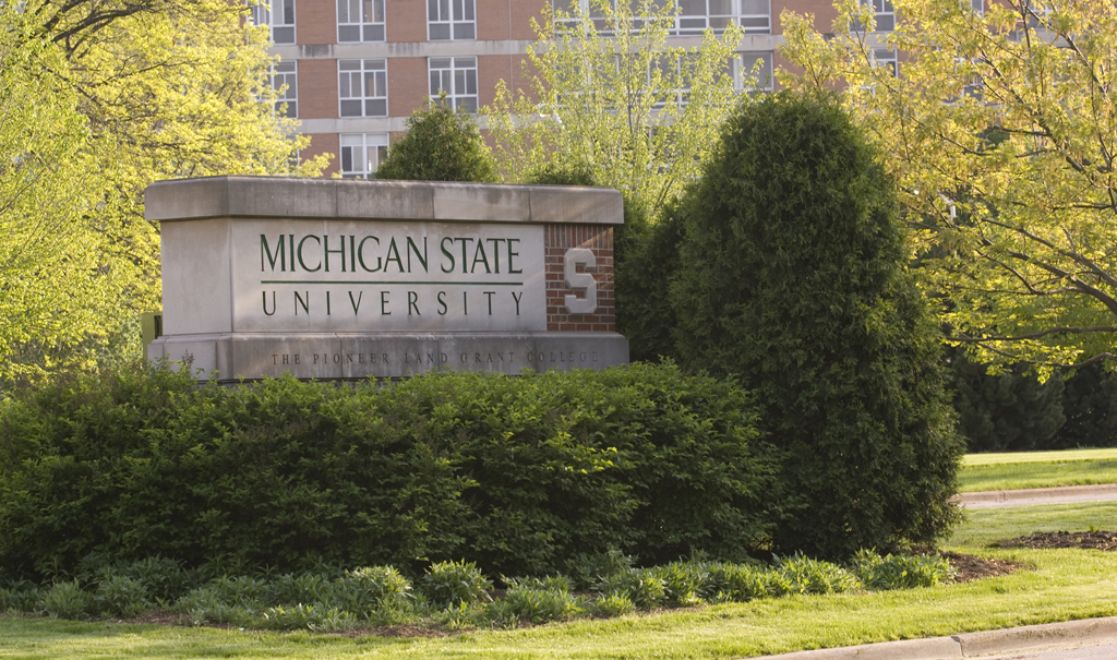 View of the Shaw Lane entrance sign at Michigan State University.