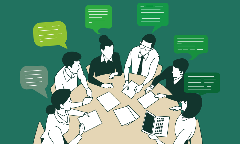 A group of animated people sit at a table, with dialogue bubbles over their head (no dialogue within them). The background and dialogue bubbles are various shades of green.