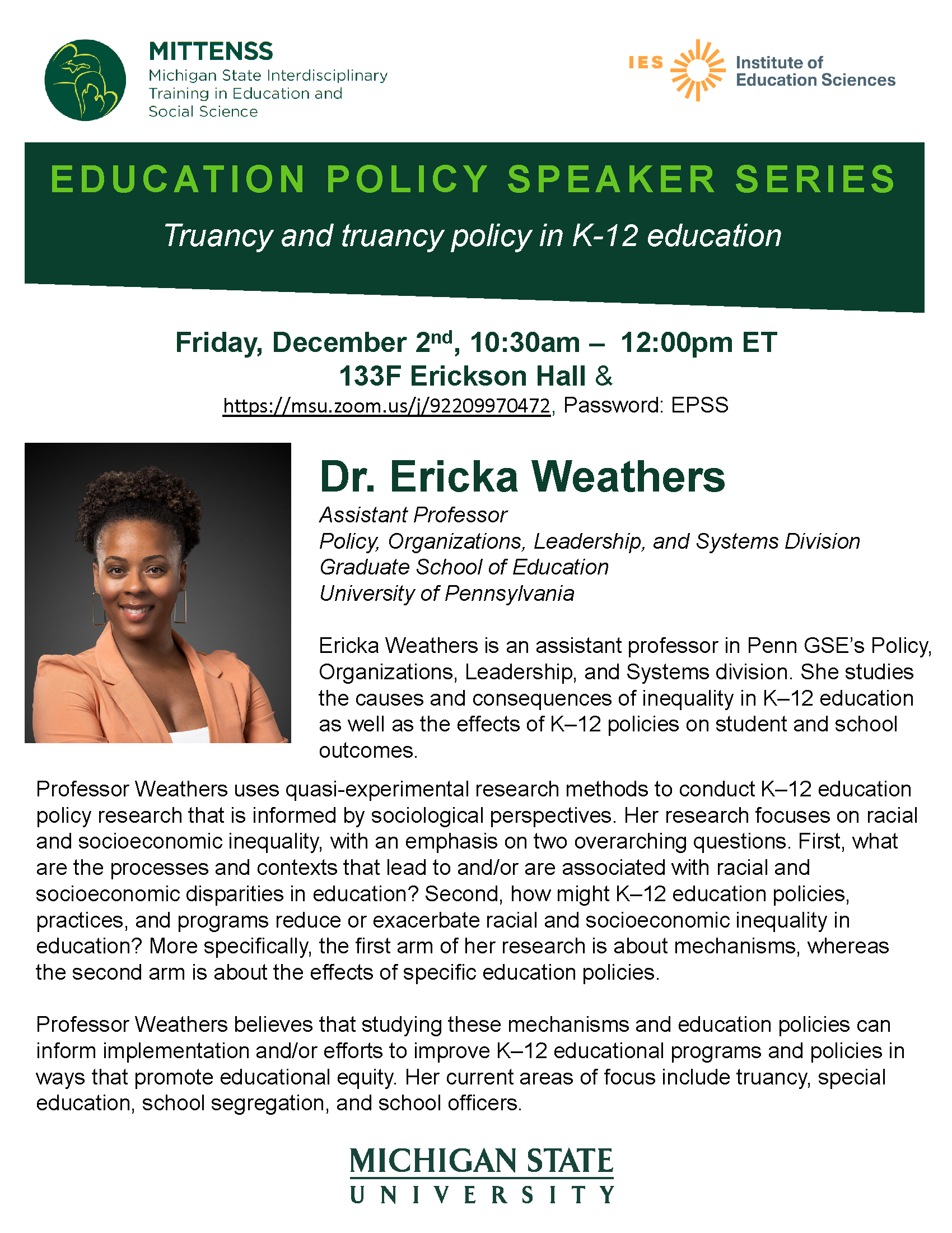 Education Policy Speaker Series: Dr. Ericka Weathers