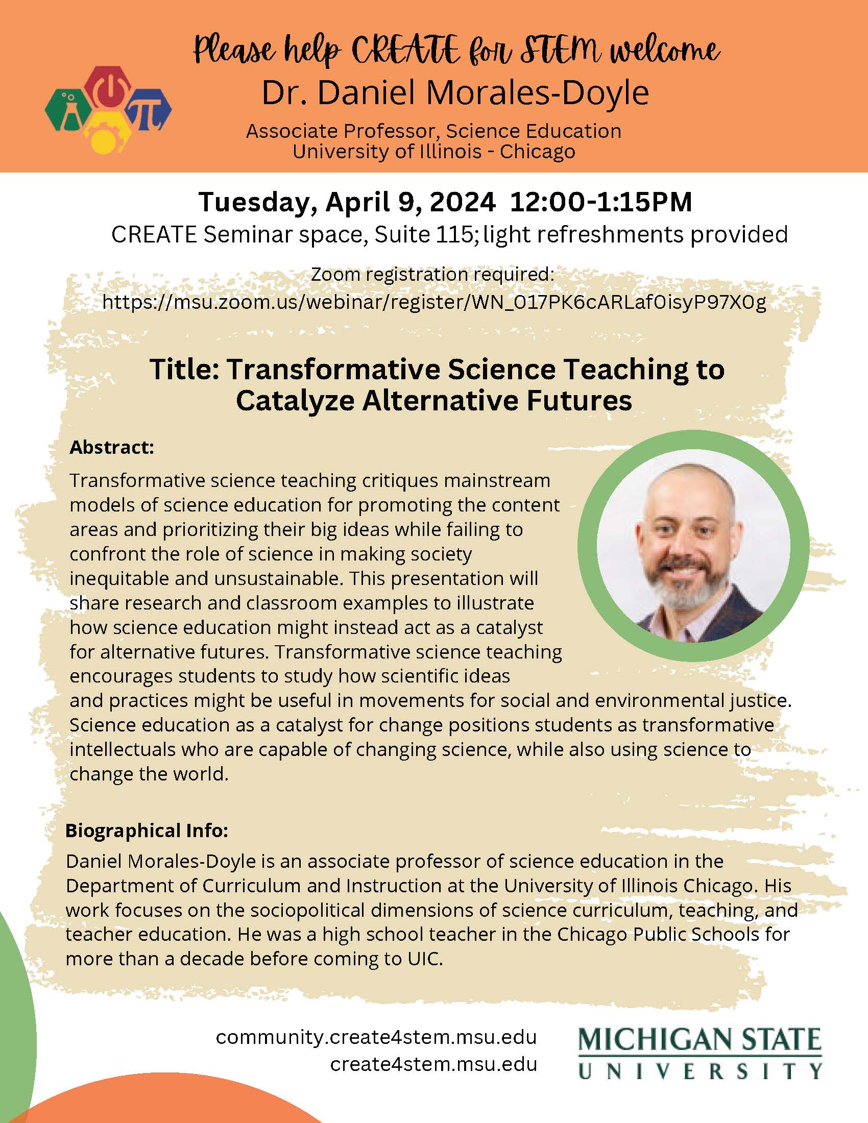 Daniel Morales Doyle presentation titled: Transformative Science Teaching to Catalyze Alternative Futures.