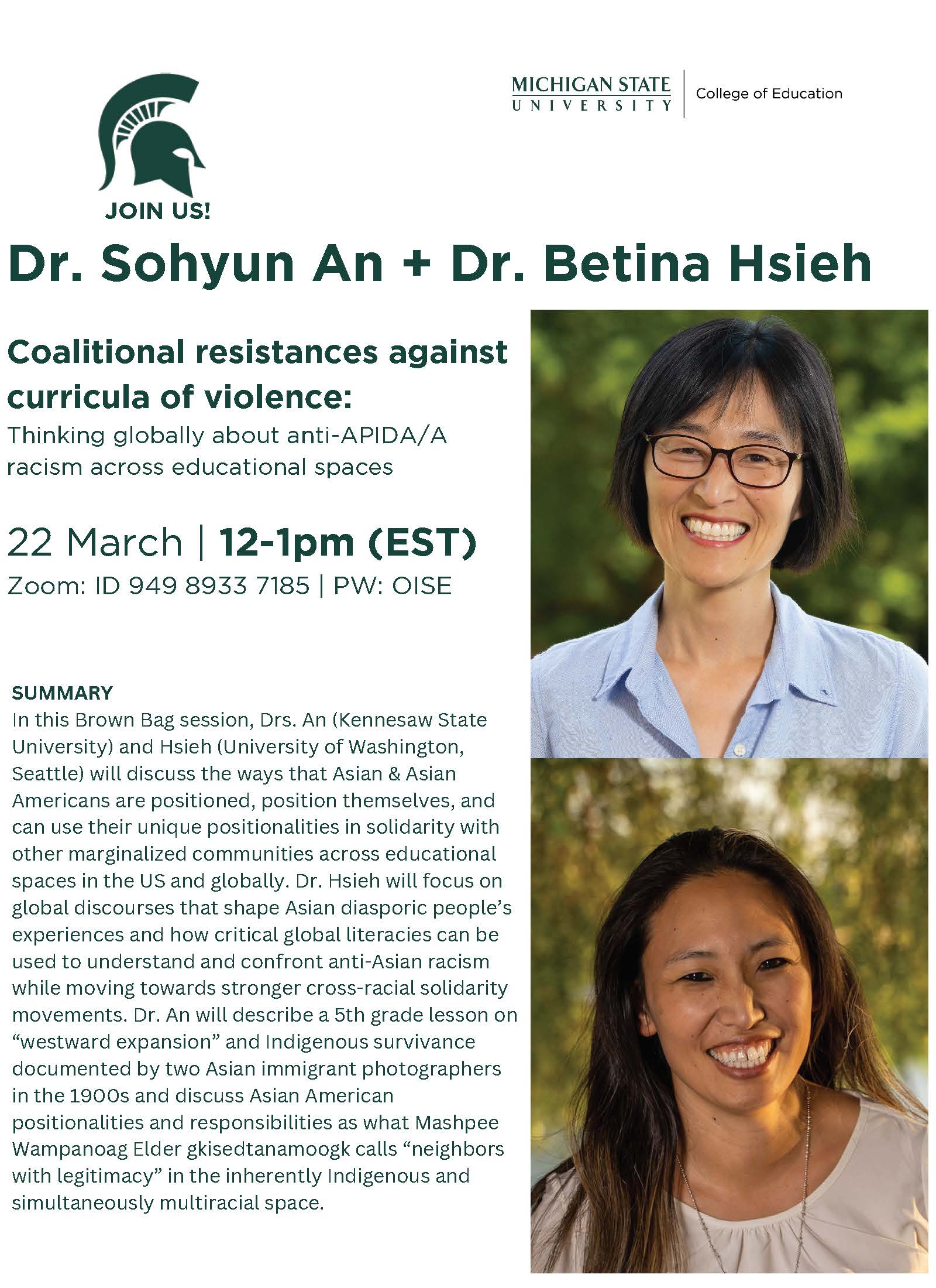 Sohyun An and Betina Hsieh present: "Coalitional resistances against curricula of violence: Thinking globally about anti-APIDA/A racism across educational spaces"