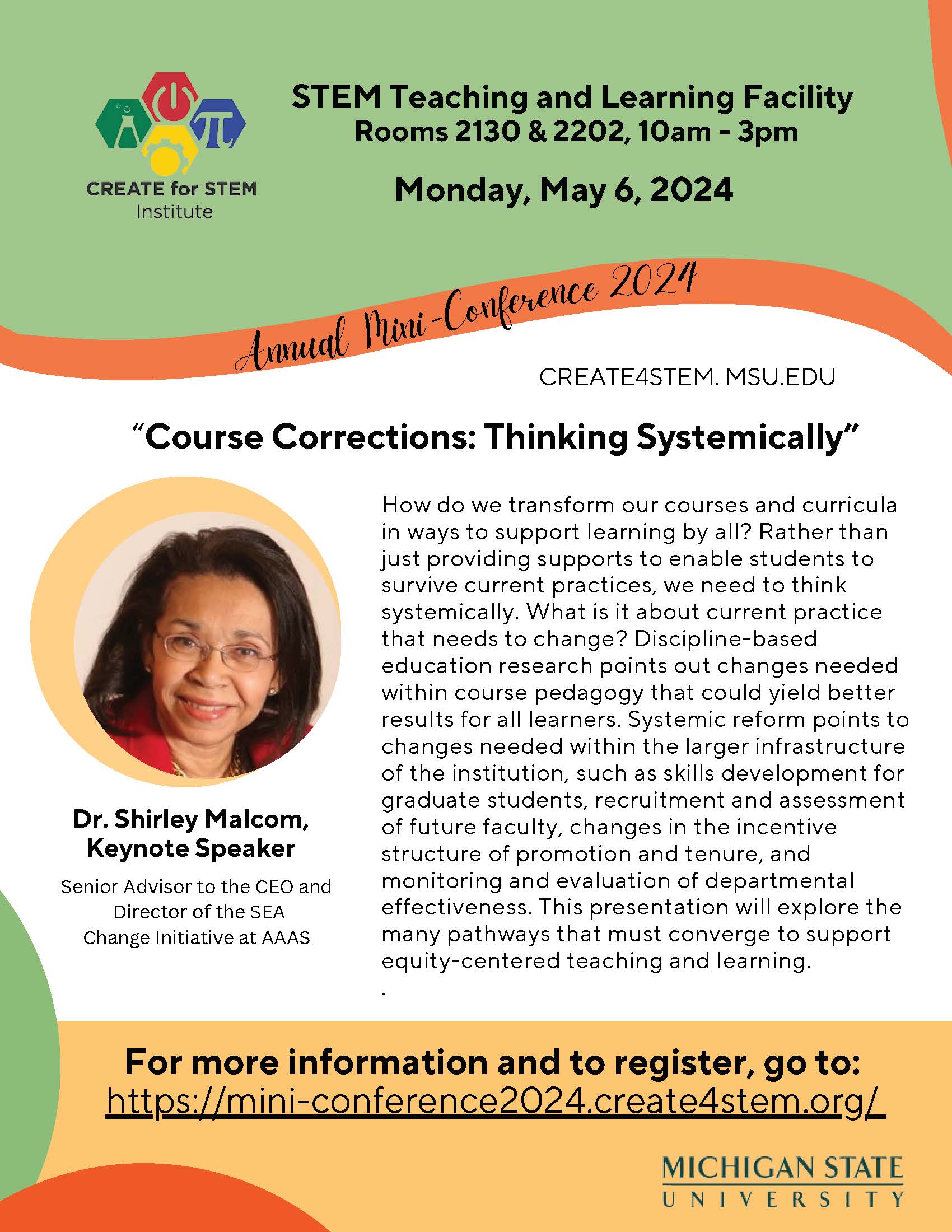 2024 CREATE for STEM Mini-Conference. Dr. Shirley Malcom will be the Keynote Speaker.