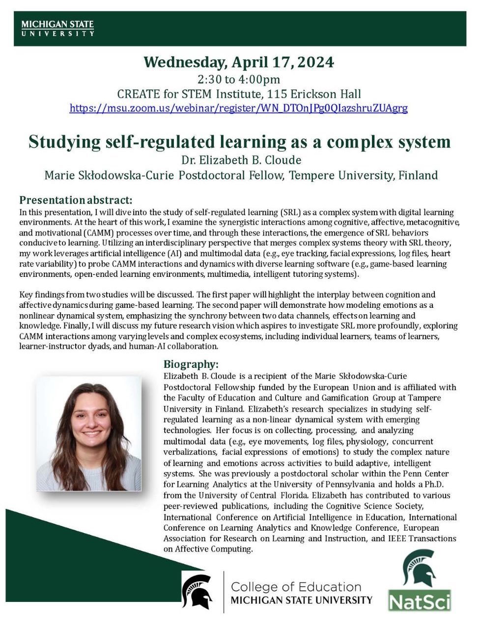 Studying self-regulated learning as a complex system - A presentation by Dr. Elizabeth B. Cloude