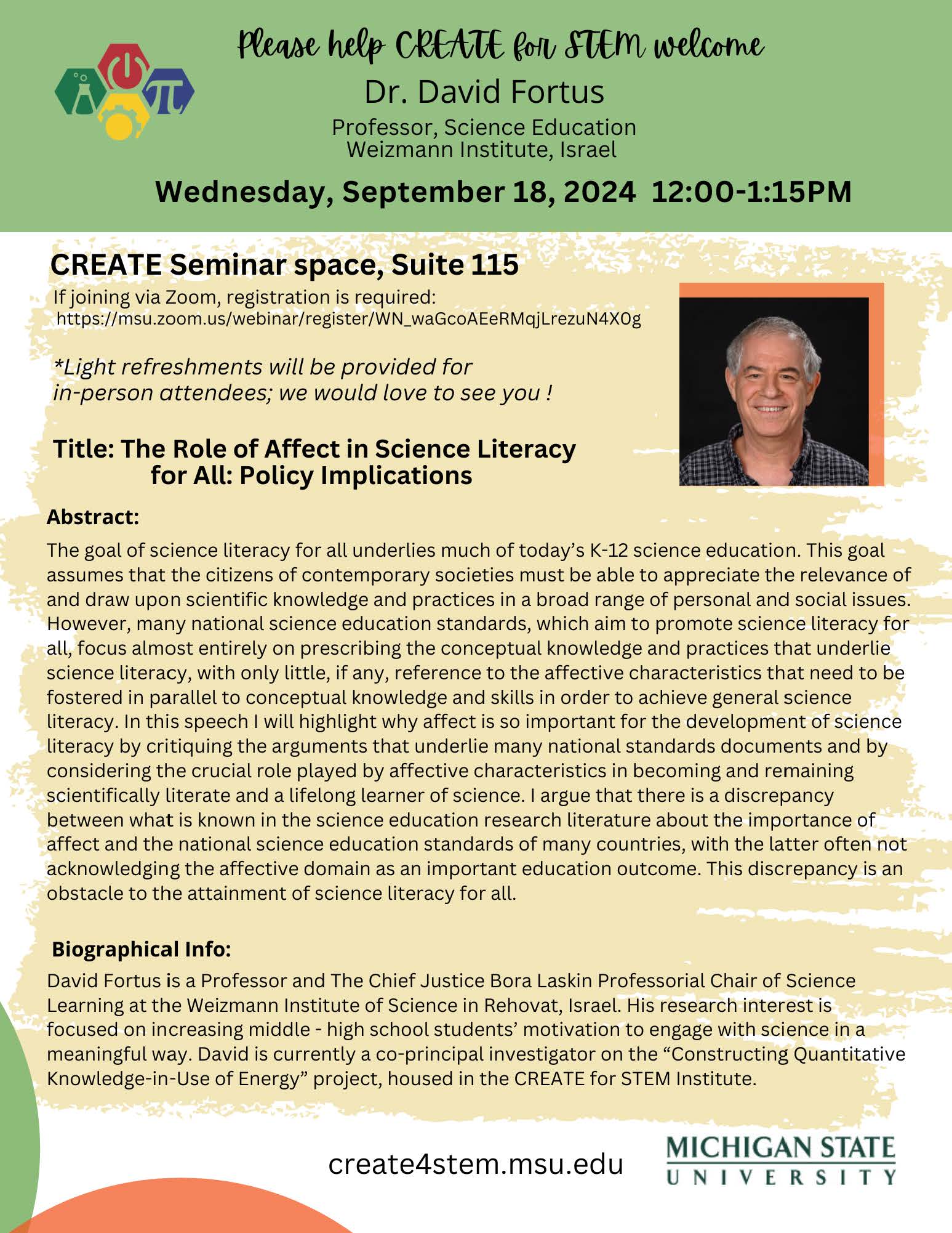 CREATE for STEM Seminar Series - A presentation by David Fortus