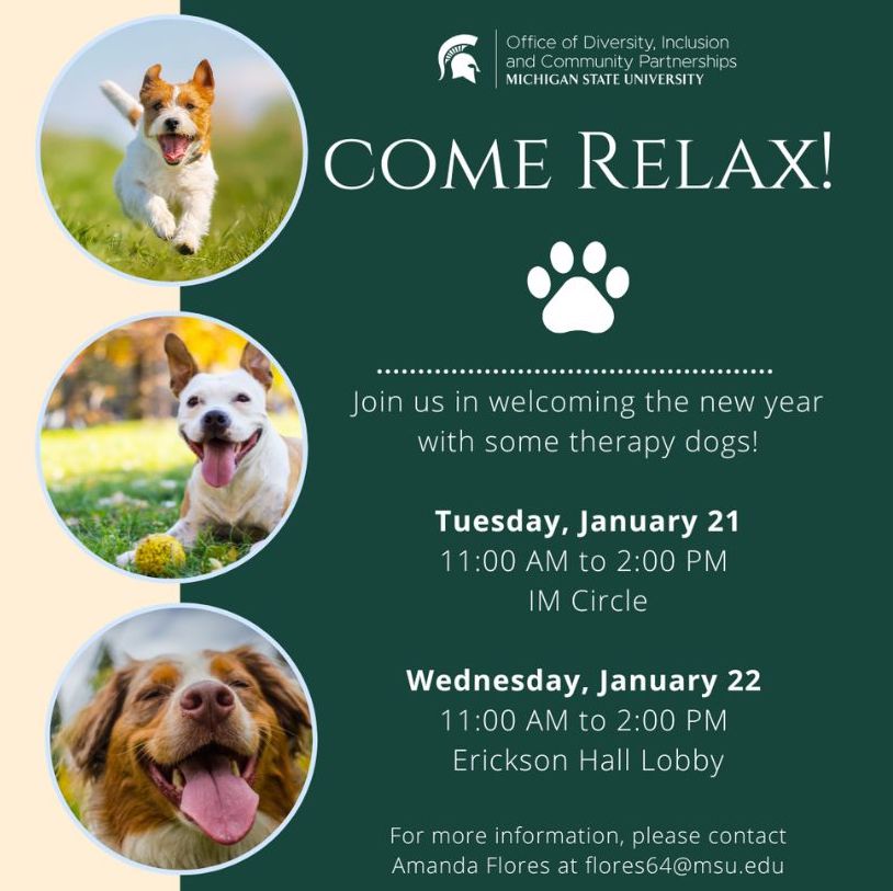 New Year Stress Relief - Therapy dogs hosted by the Office of Diversity, Inclusion and Community Partnerships